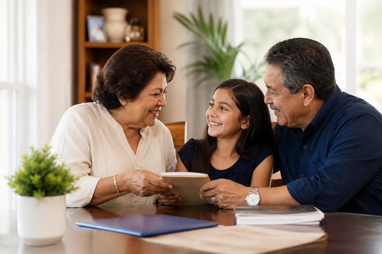 Abuelos planificando legado y educación para su nieta